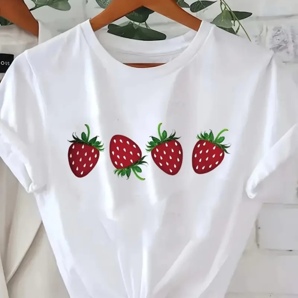 Strawberry Print Graphic Tee Shirt White Cotton Unisex Plus Size 2XL Oversized